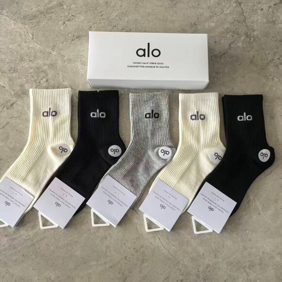 A8- New ALO Yoga Women's Essential Half-Crew Socks 5-Pack - Black White Grey